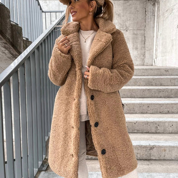 Damen Oversized Teddy Wollmantel - Knopfverschluss, Reverskragen, Relaxter Schnitt