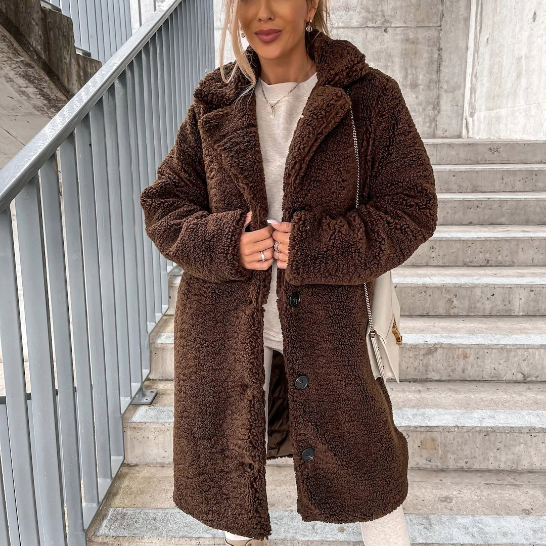 Damen Oversized Teddy Wollmantel - Knopfverschluss, Reverskragen, Relaxter Schnitt