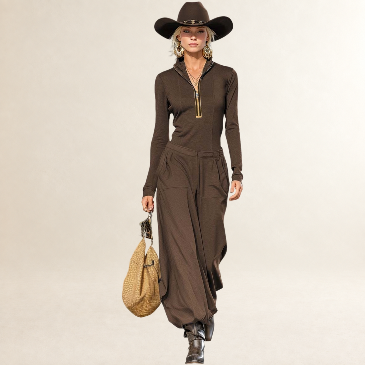 Damen Set Halbhöcker-Kragen Langarmtop mit Frontreißverschluss und Weitehose