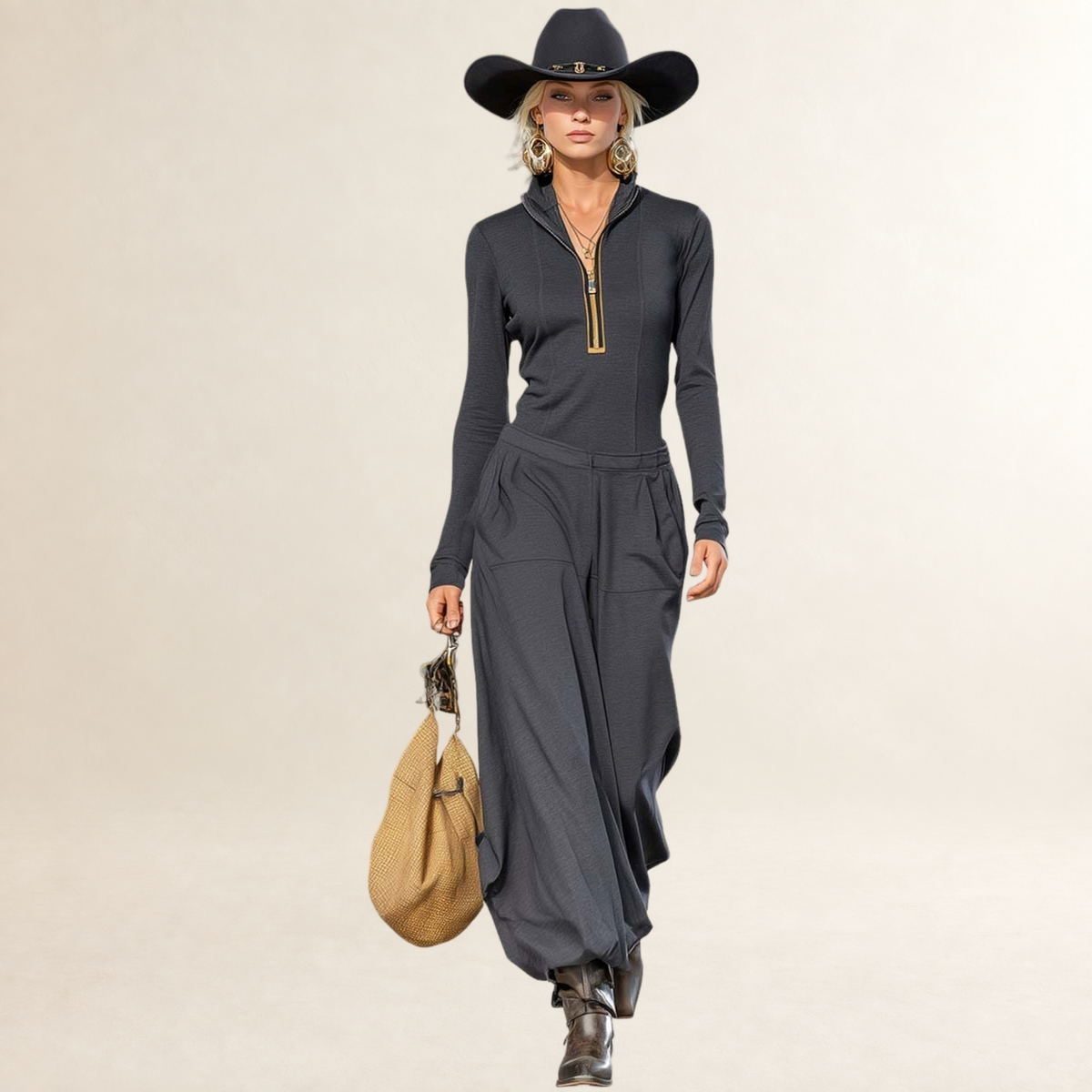 Damen Set Halbhöcker-Kragen Langarmtop mit Frontreißverschluss und Weitehose