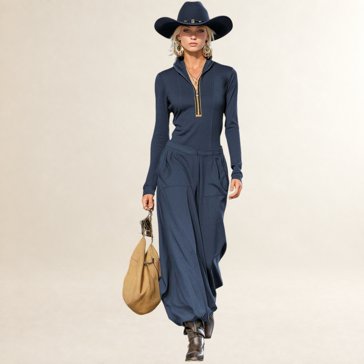 Damen Set Halbhöcker-Kragen Langarmtop mit Frontreißverschluss und Weitehose
