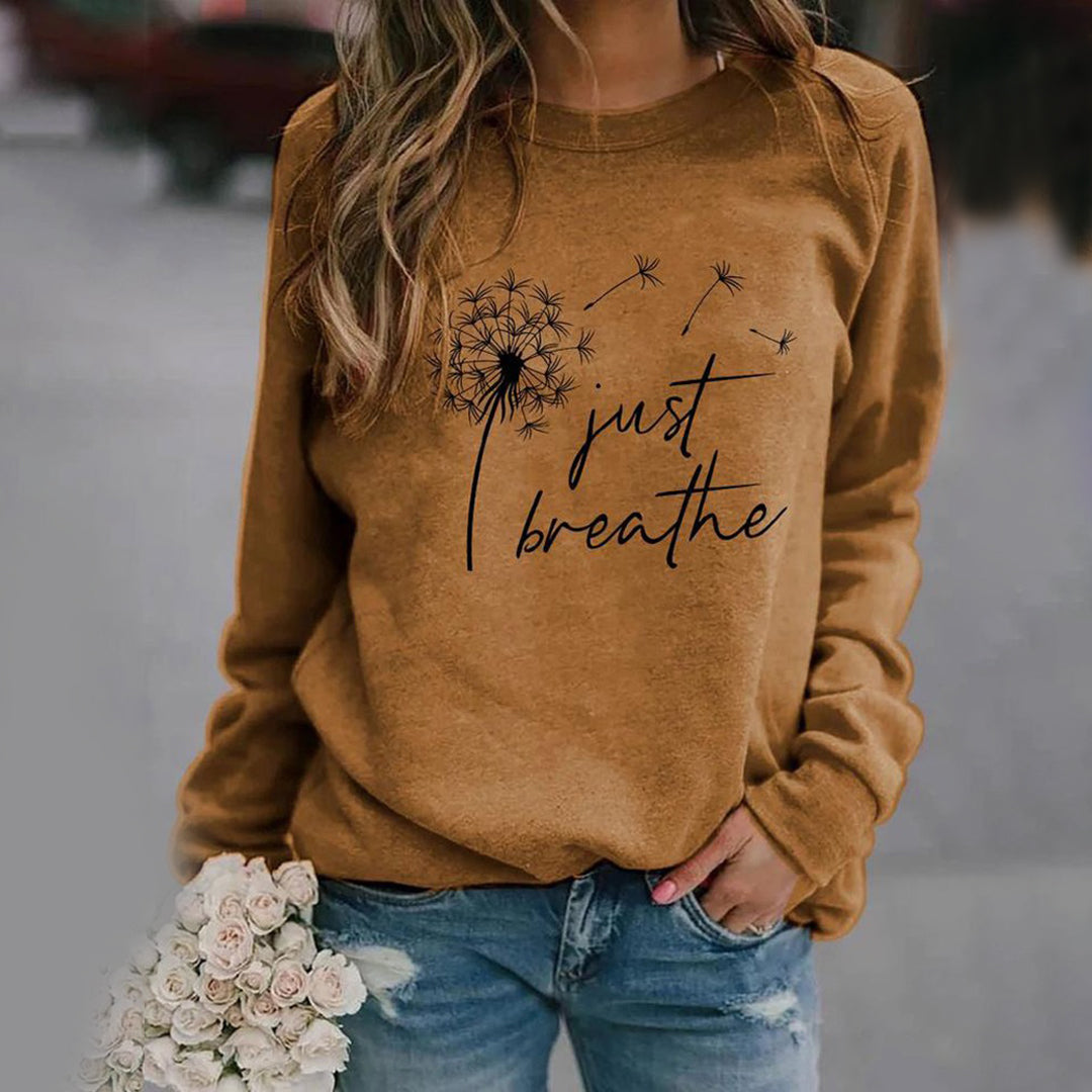 Damen Sweatshirt mit 'Just Breathe'-Motiv, lockere Passform, lange Ärmel