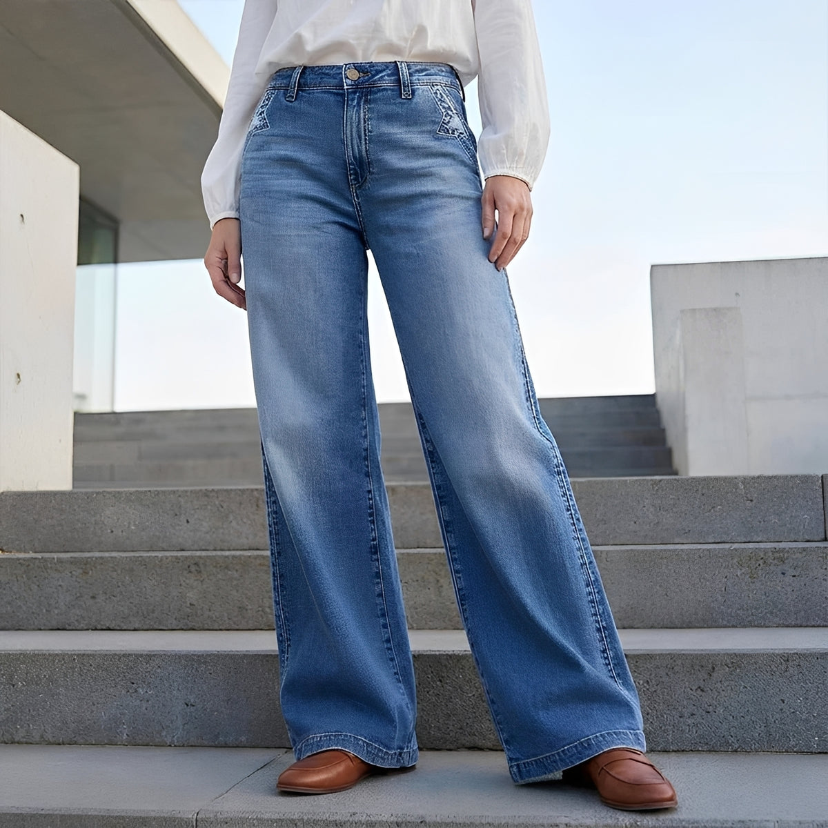 Damen Weite Jeans mit hohem Bund und klassischem Waschung - Bequeme, zeitlose Denimhose
