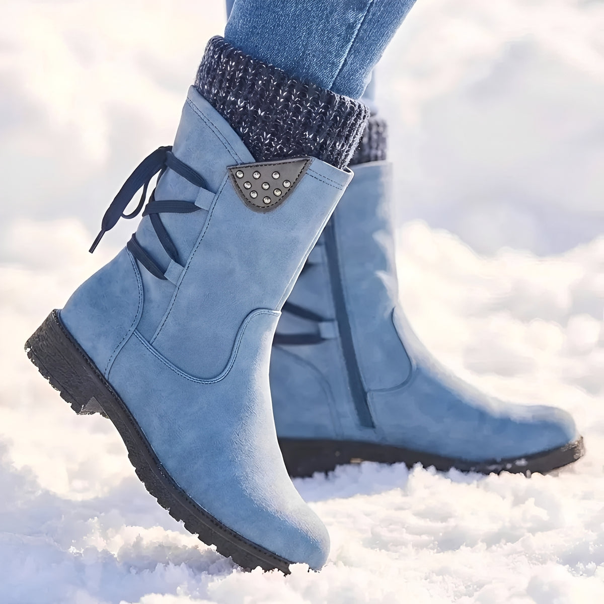 Damenschuhe Stiefel Mid-Calf - Schnürung, Nieten-Details, Warmer Schaft