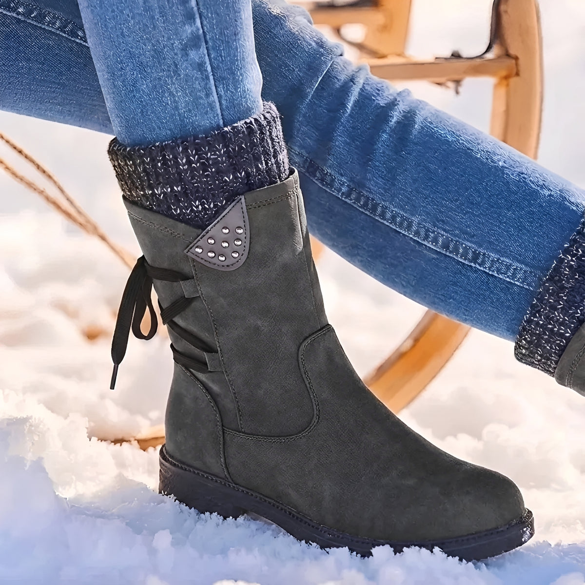 Damenschuhe Stiefel Mid-Calf - Schnürung, Nieten-Details, Warmer Schaft