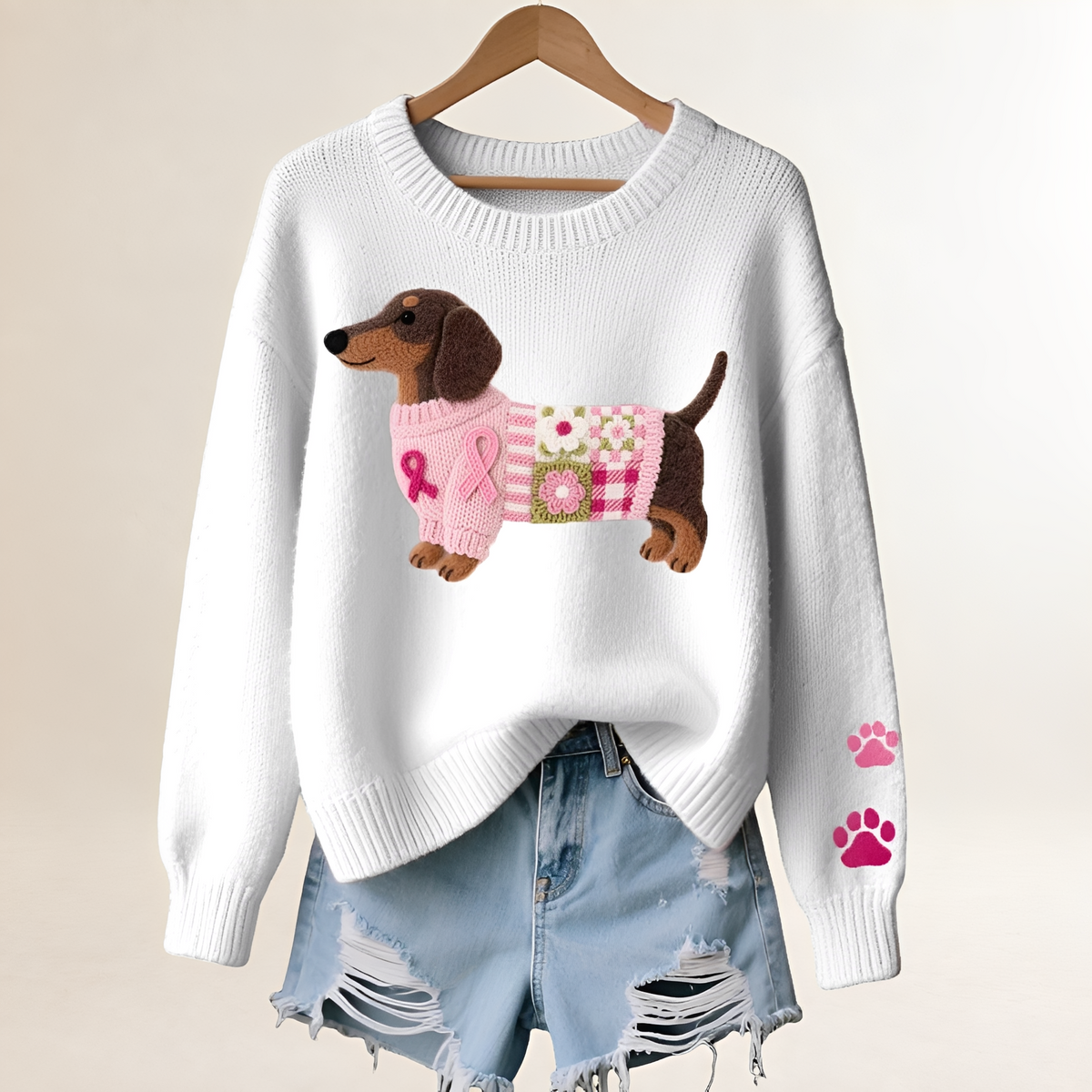 Damentauglicher Pullover mit Dackel-Motiv - V-Ausschnitt, Relaxter Schnitt, Verspieltes Patchwork