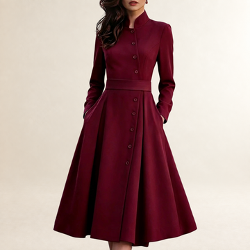 Damentop Langarm Midikleid Knopfleiste Stehkragen Taillengürtel