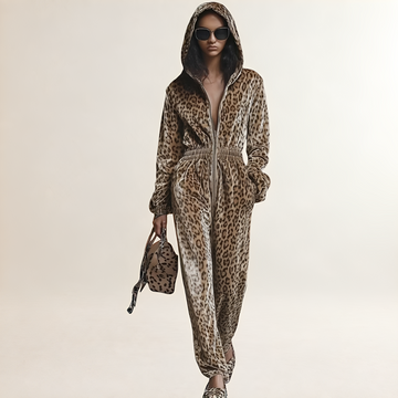Damentragetee mit Leopardenmuster Kapuzenjacke mit Reißverschluss und lockerer Passform