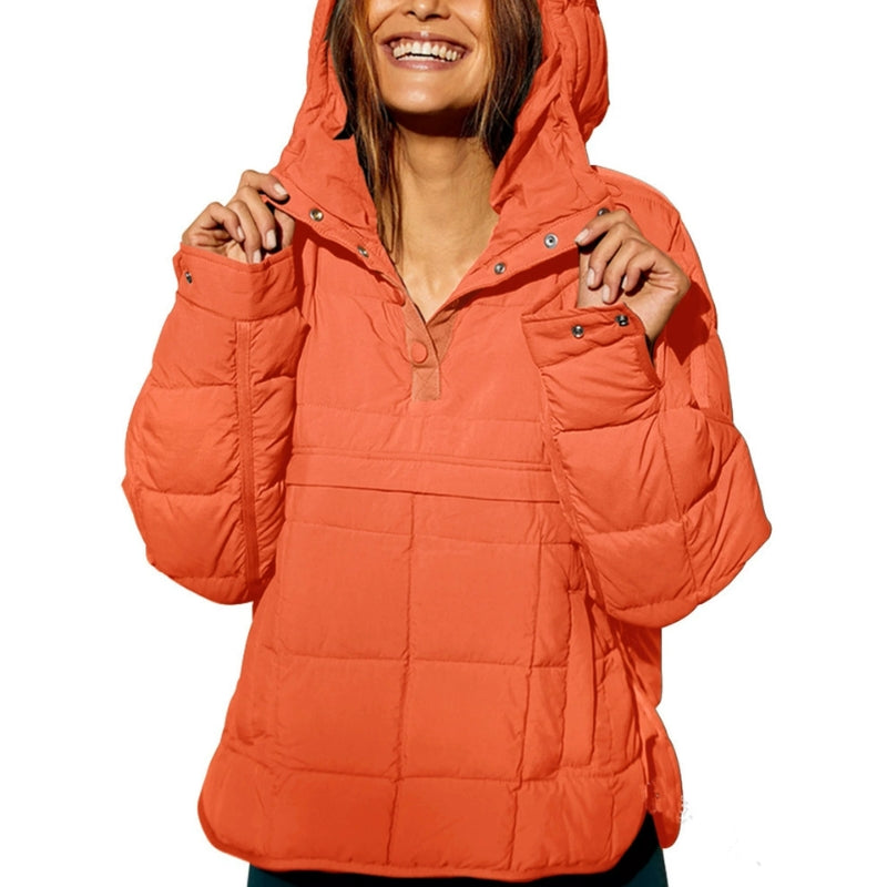 Damentrenchcoat Pullover Pufferjacke mit Kapuze und Knopfleiste