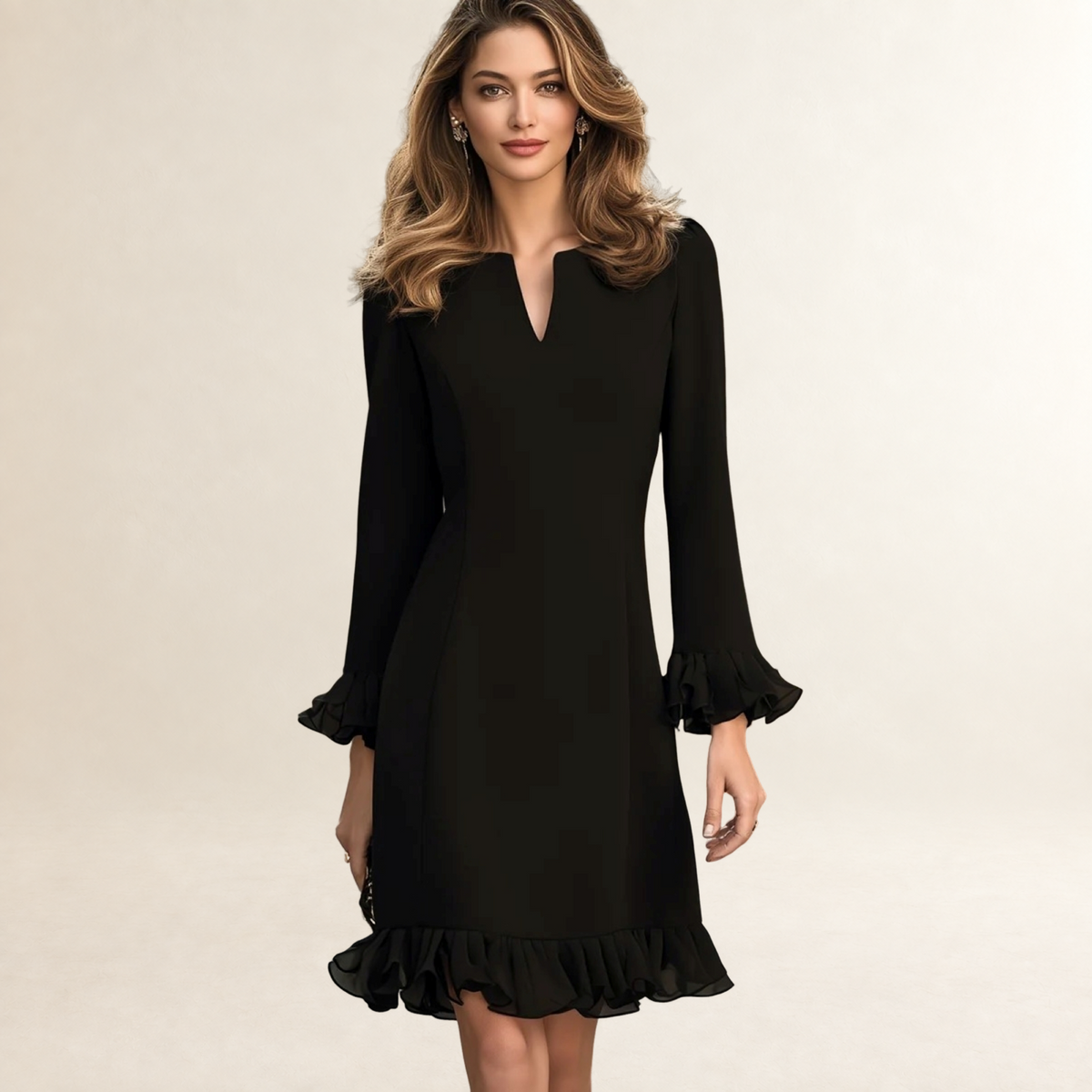 Damentunika Longsleeve Minikleid mit V-Ausschnitt und Rüschensaum