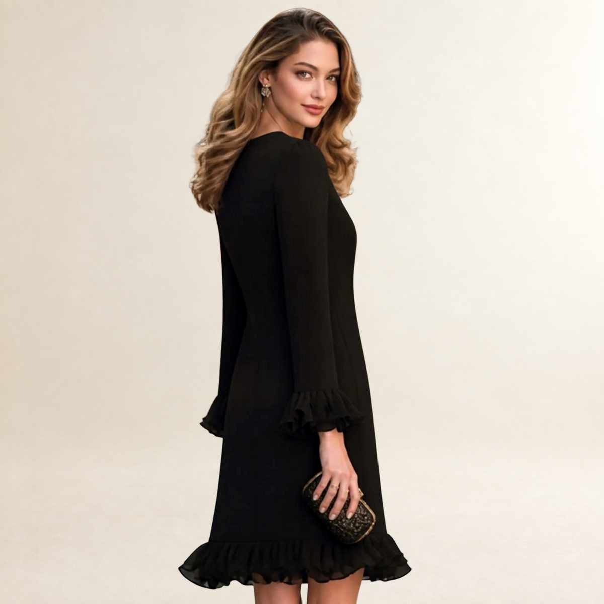 Damentunika Longsleeve Minikleid mit V-Ausschnitt und Rüschensaum