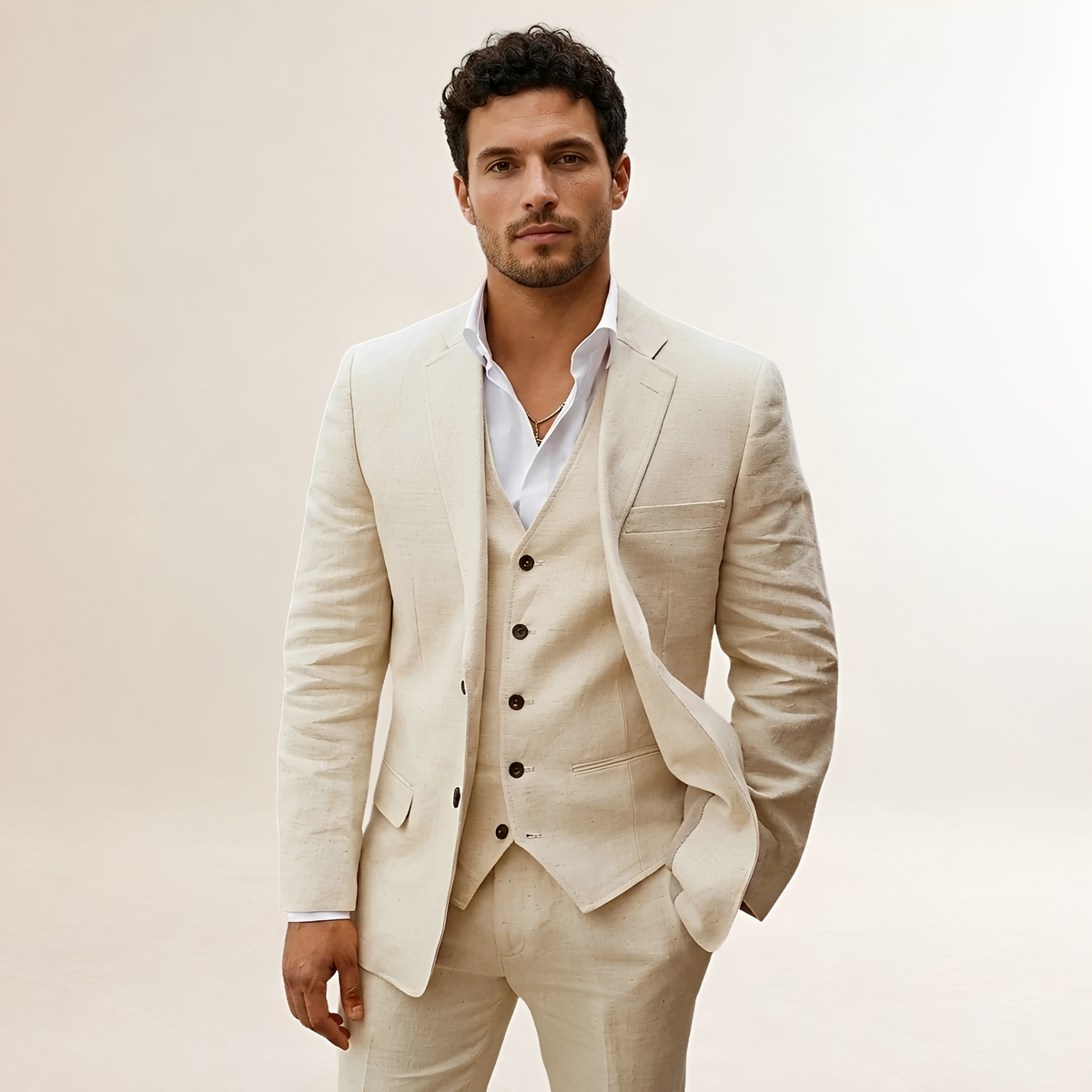 Herren Anzug Dreiteilig mit Sakko Weste und Hose mit Notch-Revers