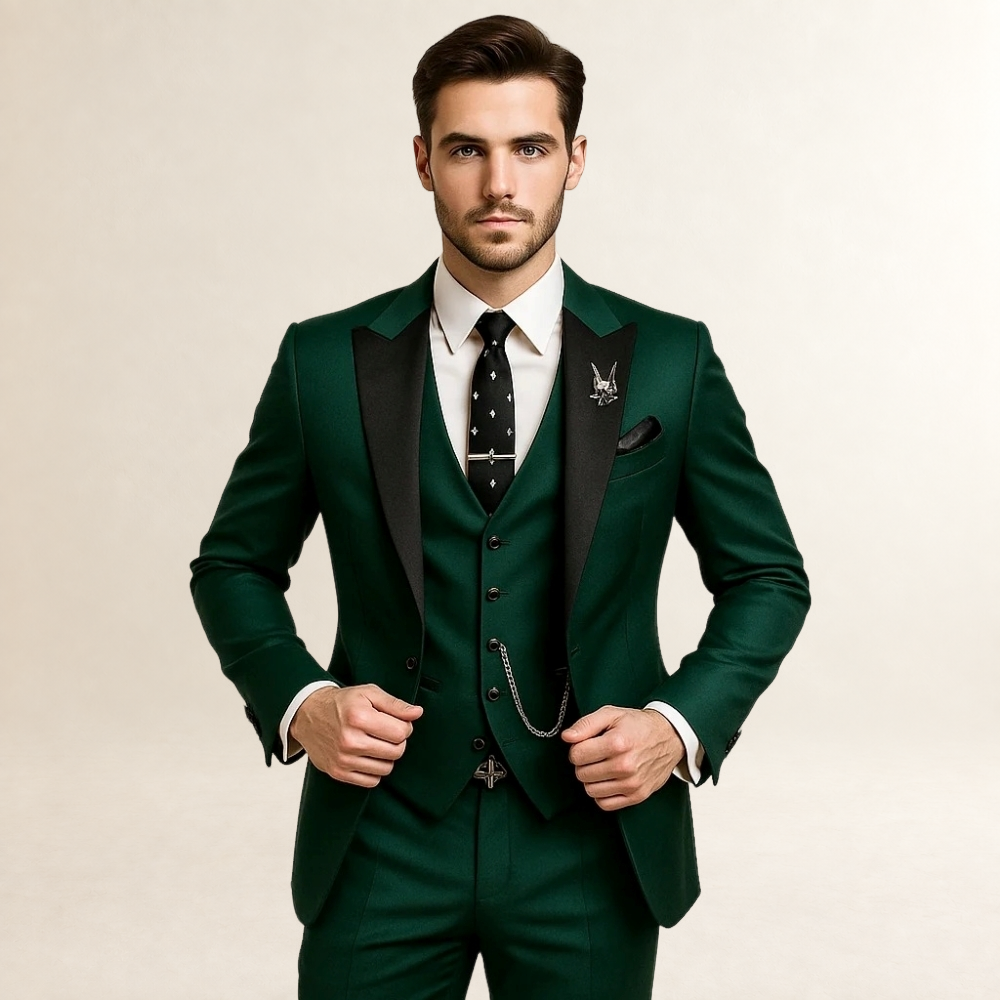 Herren Anzug Dreiteilig Slim Fit mit Spitzrevers und Weste