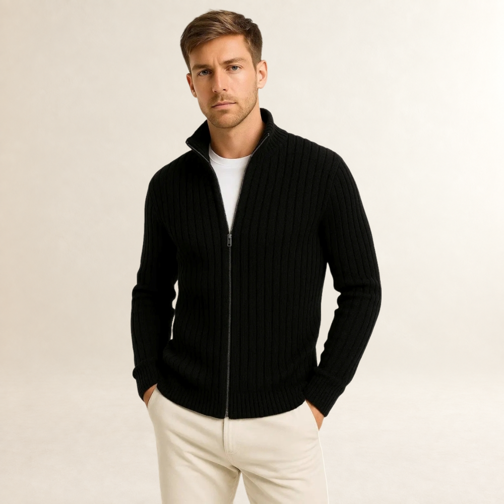 Herren Cardigan mit Reißverschluss - Fitted Schnitt, hoher Kragen, lange Ärmel, Rippstruktur