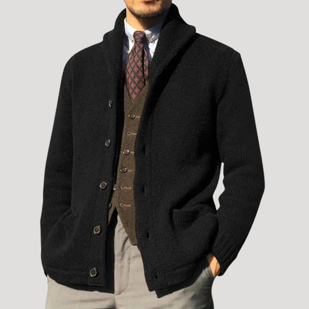 Herren Cardigan mit Shawl-Kragen und Knopfverschluss - mit Ellenbogen-Patches und lockerer Passform
