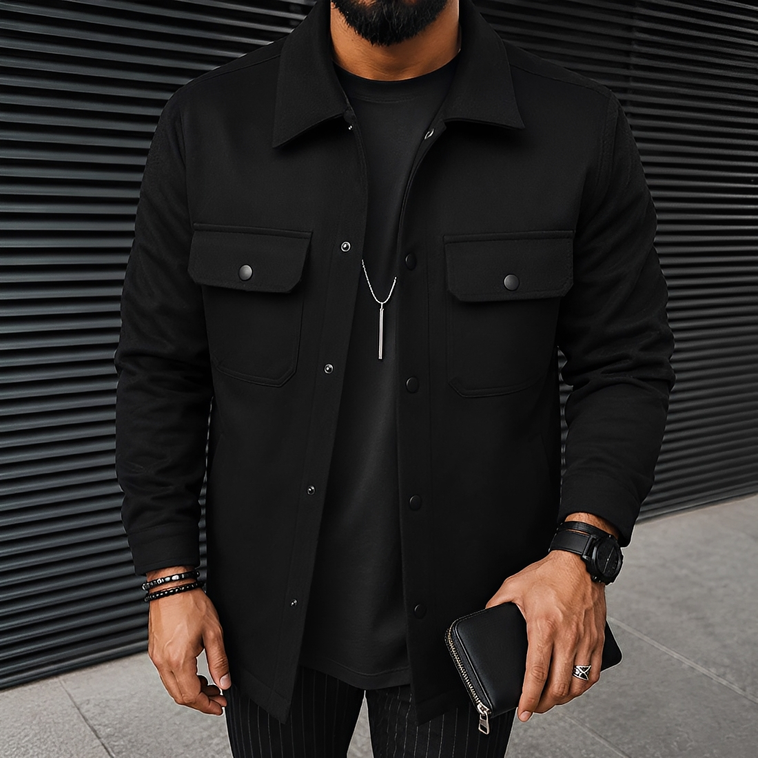 Herren Freizeitjacke Mit Knöpfen und Taschen Relaxed Fit