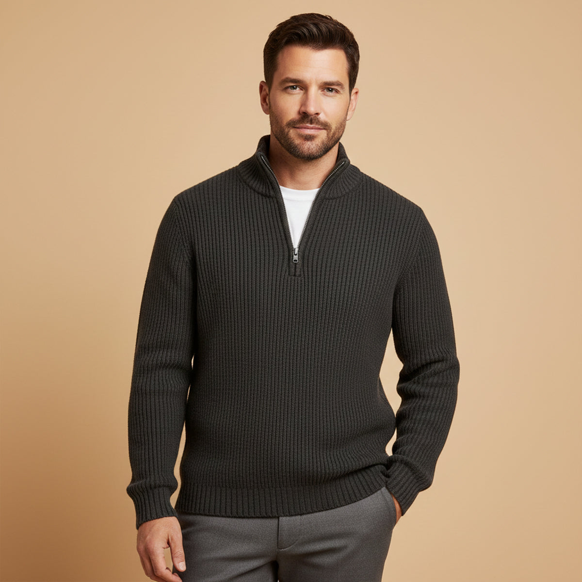 Herren Half Zip Pullover - Rippstruktur, lockerer Schnitt