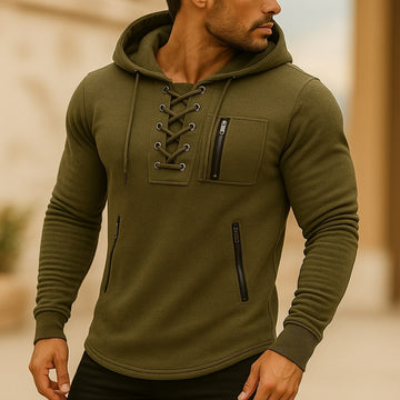 Herren Kapuzenpullover mit Schnürung vorne und Reißverschlusstaschen