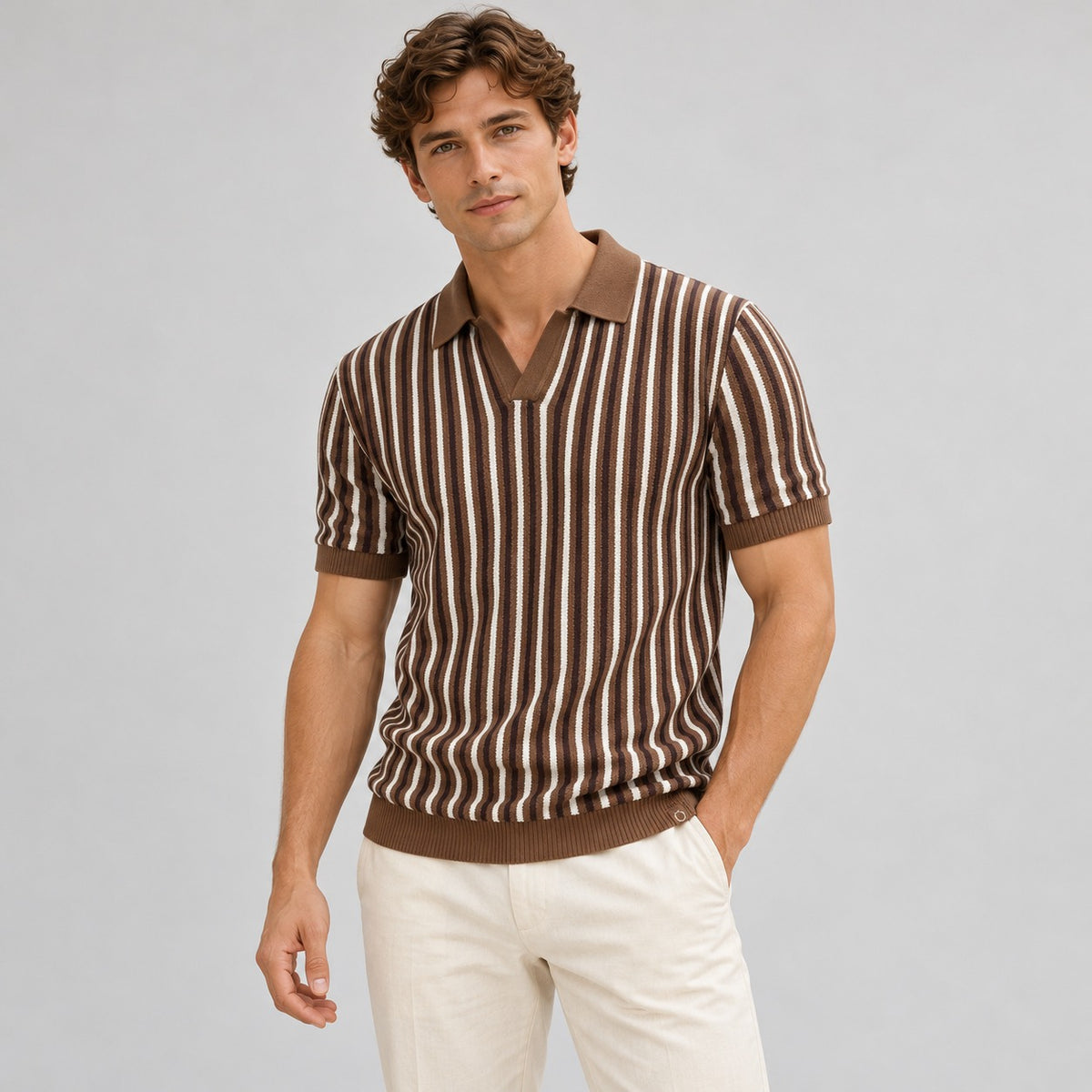 Herren Poloshirt Kurzarm V-Ausschnitt Streifenmuster