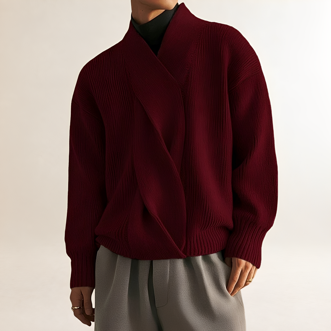 Herren Pullover mit Wickeldesign, Rippstruktur und V-Ausschnitt