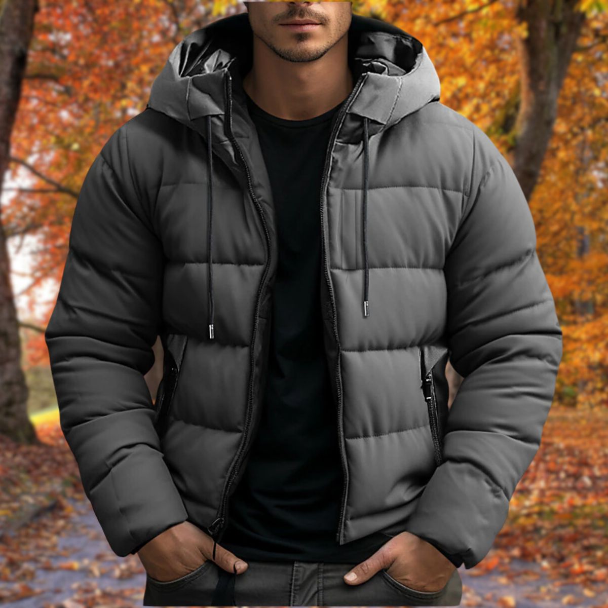 Herren Steppjacke mit Kapuze - Reißverschluss, seitliche Taschen, regulärer Schnitt