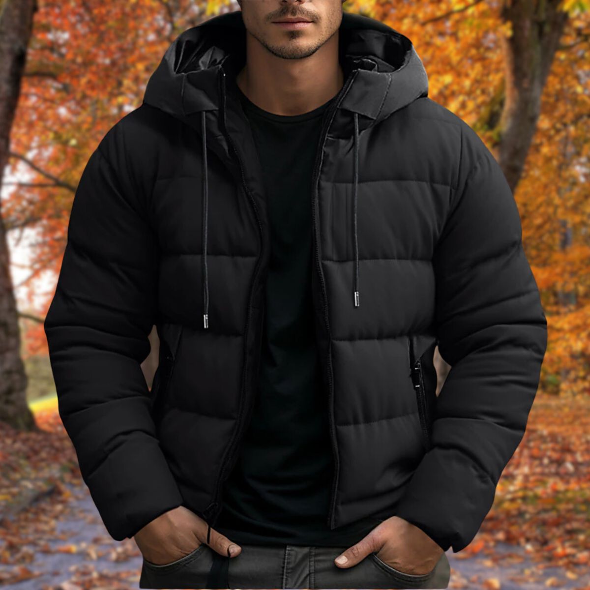 Herren Steppjacke mit Kapuze - Reißverschluss, seitliche Taschen, regulärer Schnitt