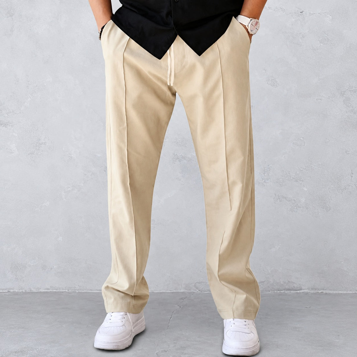 Herren Stoffhose mit Falten, elastischem Bund und Seitentaschen