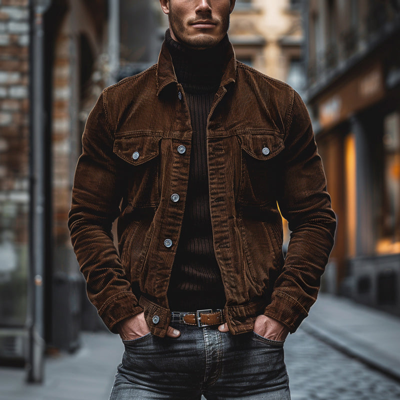 Herrenvintage-Jacke - Knopfverschluss mit Brusttaschen und schmaler Passform