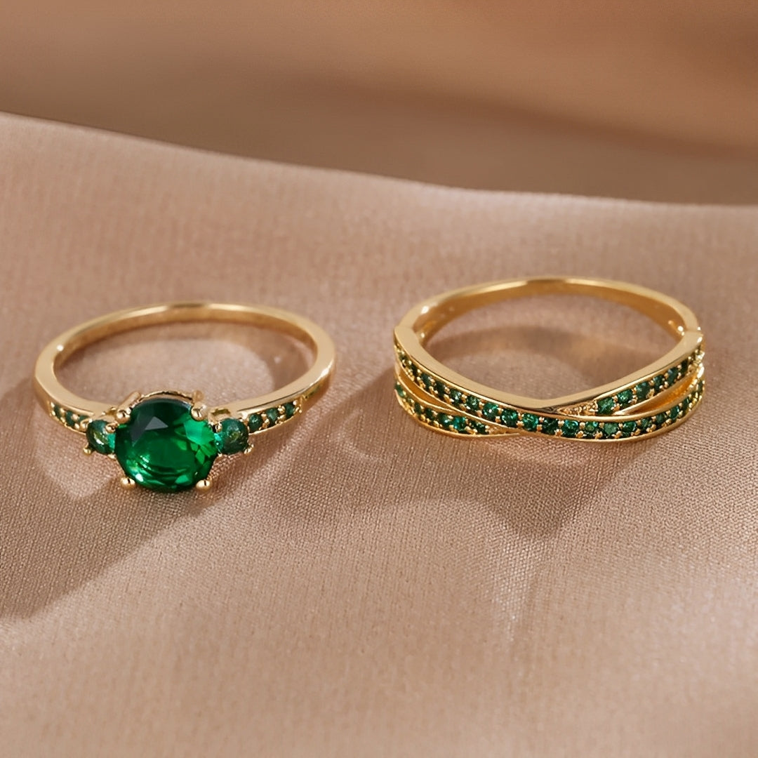 Ivy – Set von Ringen mit grünen Kristallen