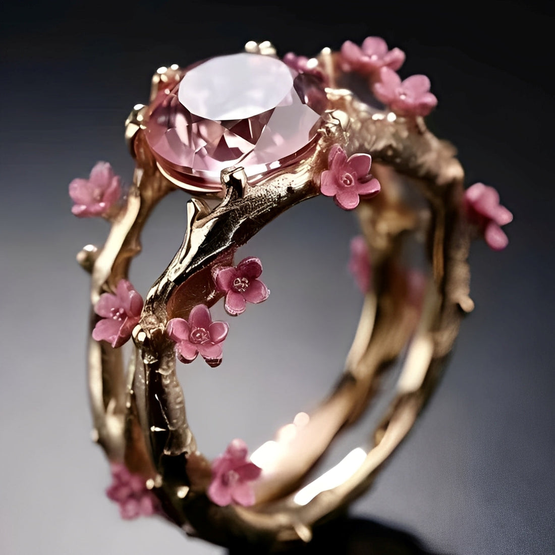 Elina – Verzauberter goldener Ring mit rosa Kristall und Blumen