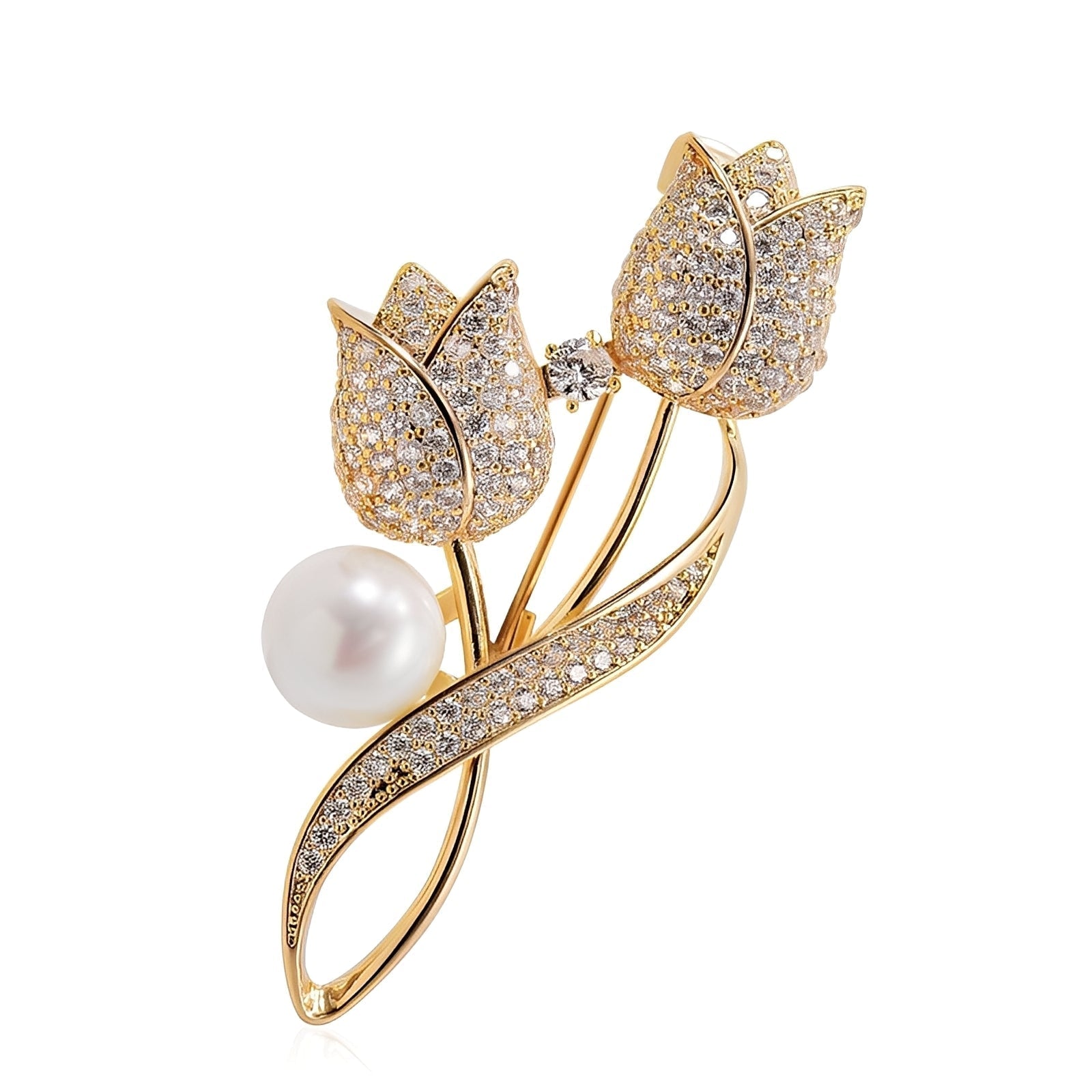 Jackie – Brosche mit goldenem Tulpen und Zirkonia und Perle, Gold