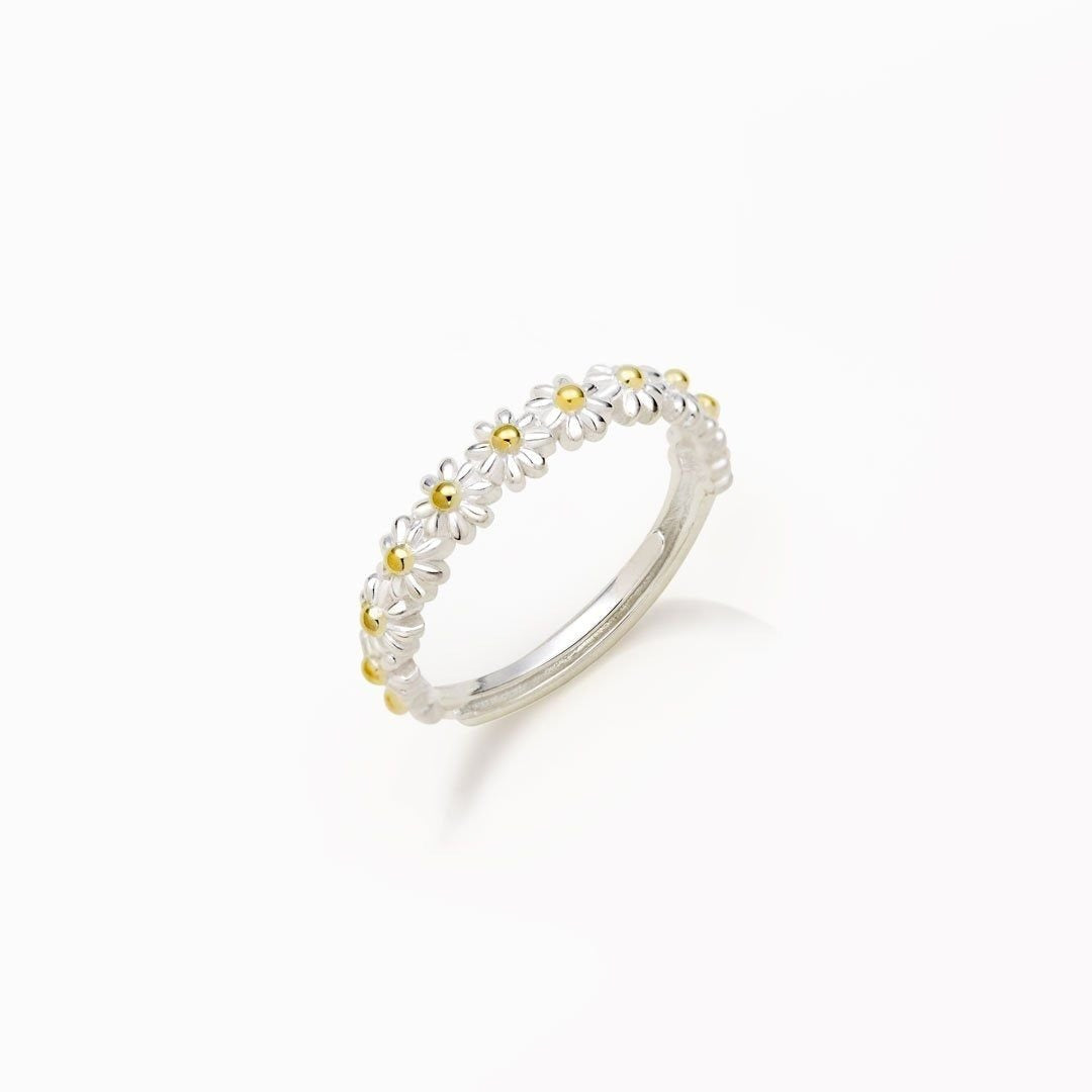Dahliana – Margeritenring aus verstellbarem Silber und handbemaltem Emaille