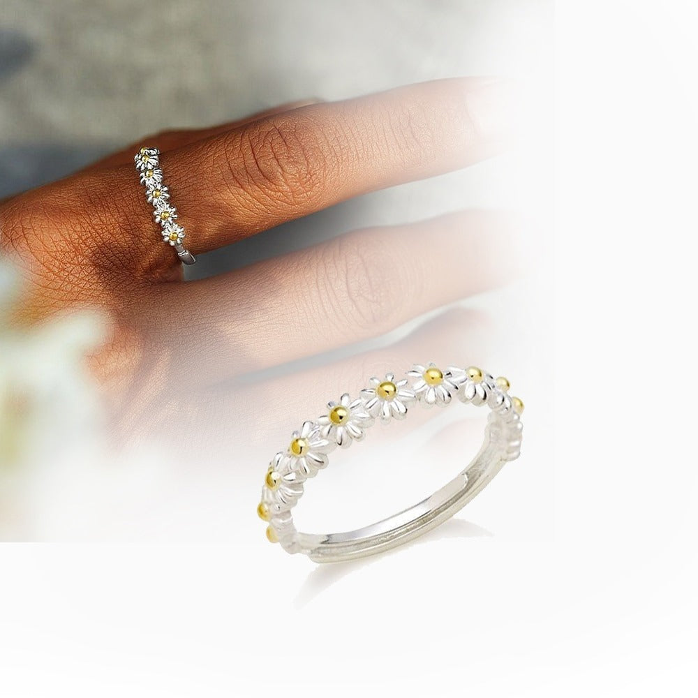 Dahliana – Margeritenring aus verstellbarem Silber und handbemaltem Emaille