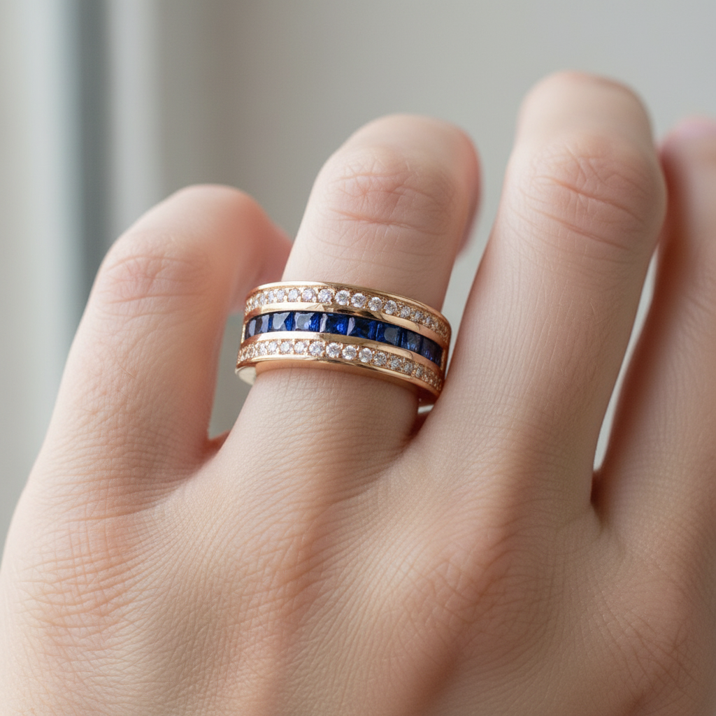 Ronan – Quadratischer Herrenring mit Kristallen und goldenem Saphir