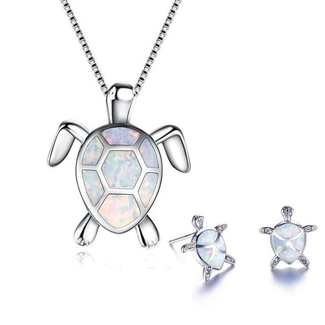 Kailea – Schmuckset aus Opal-Schildkröte und Silber (Halskette + Ohrringe)