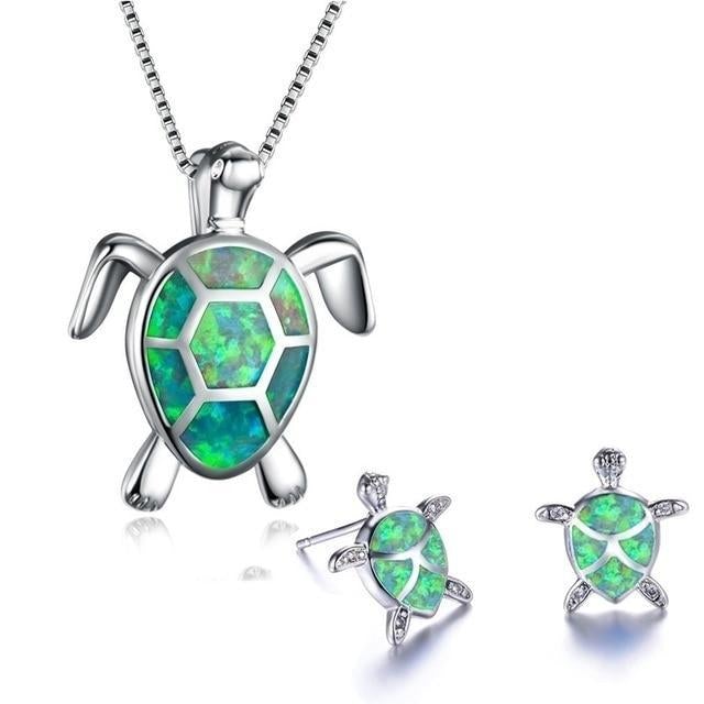 Kailea – Schmuckset aus Opal-Schildkröte und Silber (Halskette + Ohrringe)